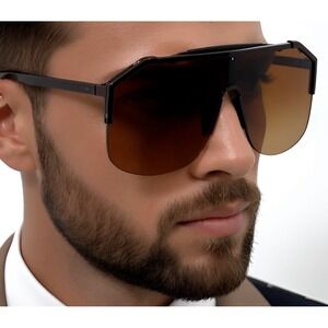 Shield Sunglasses Dark Brown Lens Style Metal Flat Top Fashion‎ Shades Men Gafas